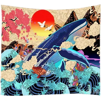 Nástenné Závesné Japonské Umenie Veľryba Veľká Vlna Koi Fish Cherry Blossom Slnkom, Ktoré Ho Ma Lili Gobelín Dekor